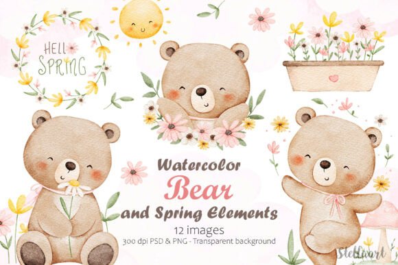 Download Watercolor Bear and Spring Elements - Watercolor bear Collection