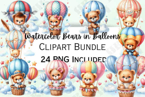 Download Watercolor Bear in Balloon Clipart - Watercolor bear Collection